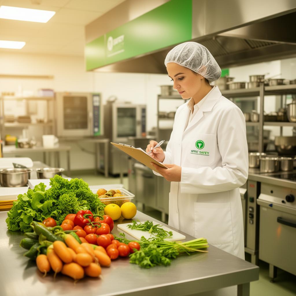 Consultora de segurança de alimentos inspecionando ingredientes em cozinha profissional