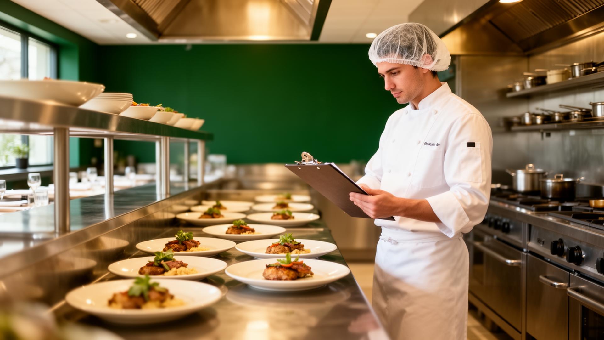 Chef inspecionando refeições em cozinha profissional